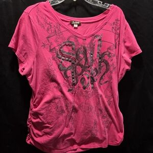 Southpole Y2K McBling Hot Pink Cinch Side Graphic V-Neck Tee Sz 3X Rhinestone